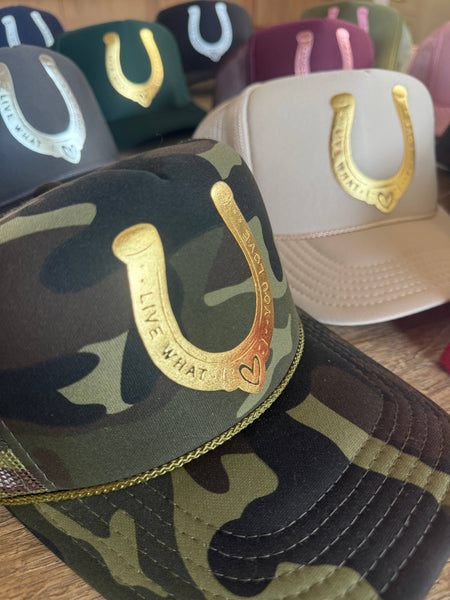 Lucky in Love [Gold Foil] Beige Trucker Hat