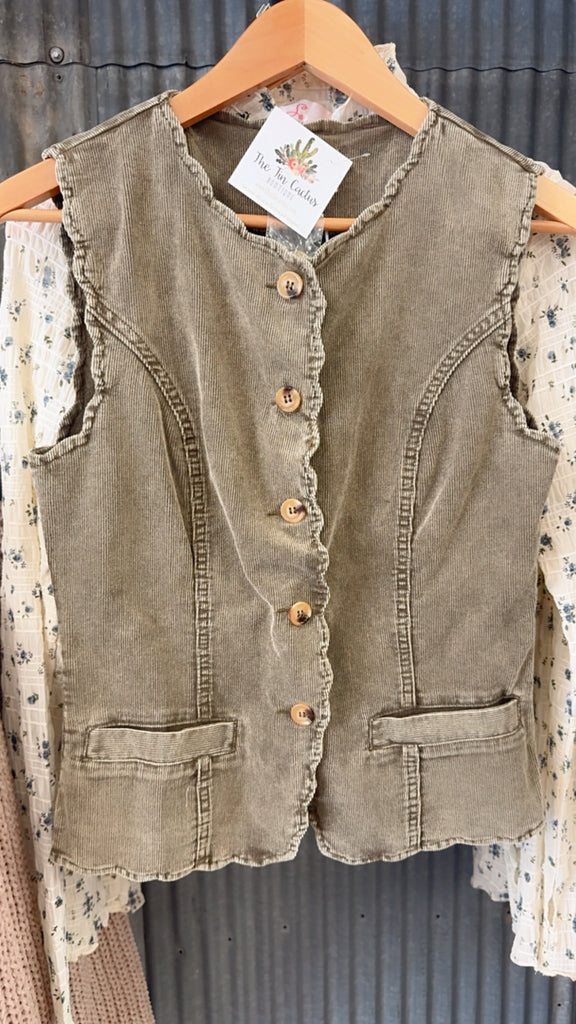 Olive Green Scalloped Corduroy Vest