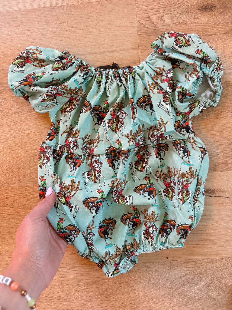 Howdy, Cowgirl! Teal Bubble Romper