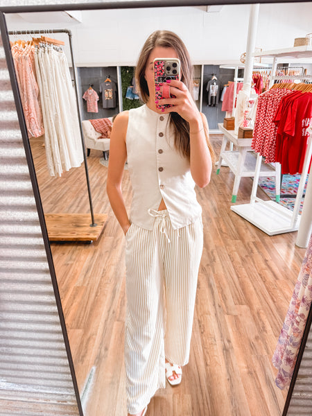 Beige & White Pinstripe Trousers