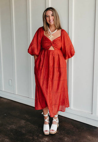 Brick Red Eyelet Midi Dress