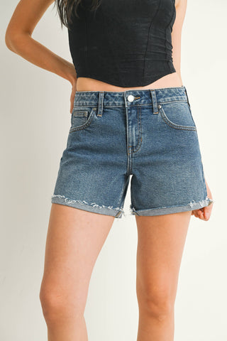 JBD Mid Rise Fray Cuffed Stretch Denim Shorts