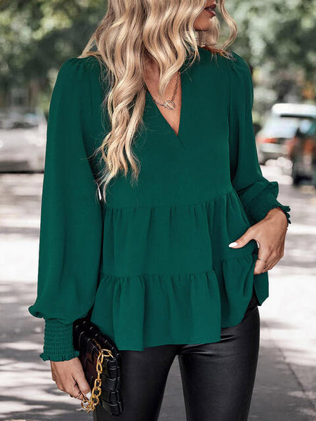 Green V-Neck Lantern Sleeve Blouse