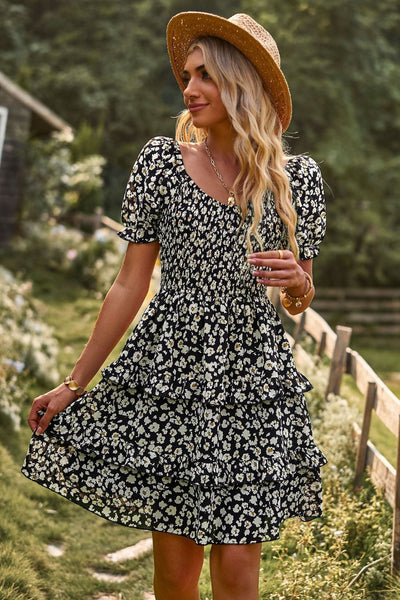 Smocked Floral Flounce Sleeve Mini Dress {4 Colors!}