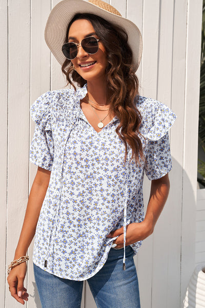 Floral Ruffle Shoulder Tie Neck Top