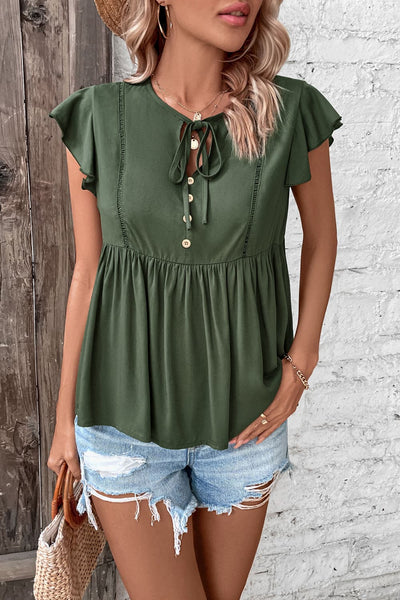 Tie Neck Flutter Sleeve Top