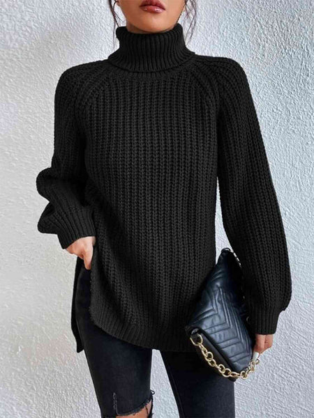 Chunky Turtleneck Slit Sweater [4 Colors]