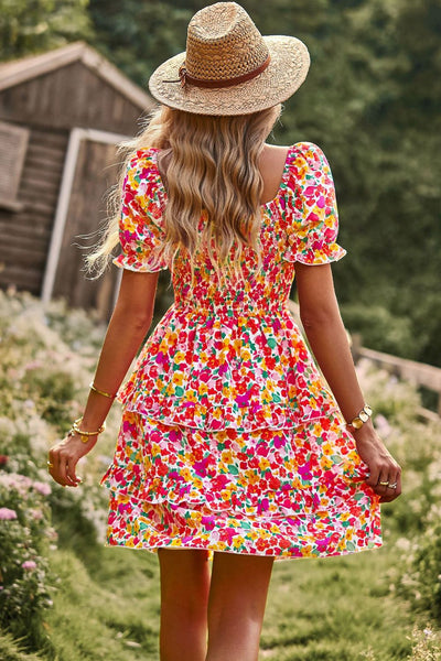 Smocked Floral Flounce Sleeve Mini Dress {4 Colors!}