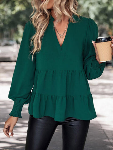 Green V-Neck Lantern Sleeve Blouse