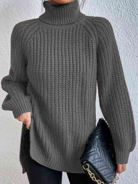 Chunky Turtleneck Slit Sweater [4 Colors]