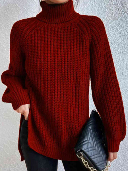 Chunky Turtleneck Slit Sweater [4 Colors]