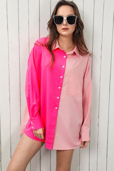 Pink Color Block Button Up Shirt