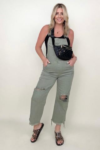 Risen Olive Distressed Straight Leg Overalls