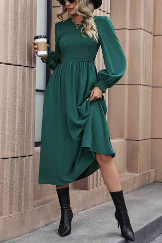 Green Smocked Long Sleeve Midi Dress