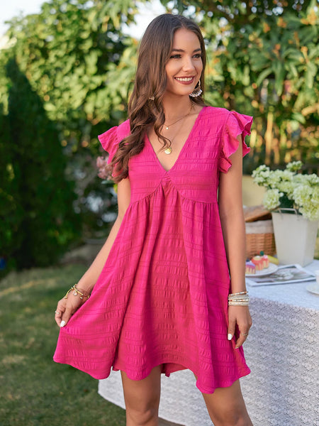 Hot Pink [Textured] Flutter Sleeve Dress