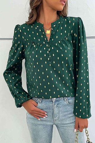 Green & Gold Foil Puff Sleeve Blouse