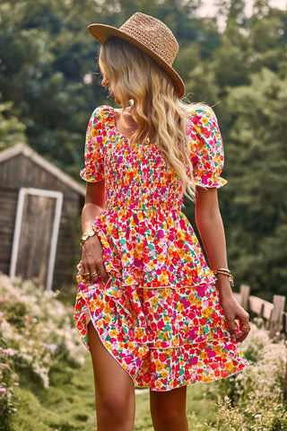 Smocked Floral Flounce Sleeve Mini Dress {4 Colors!}