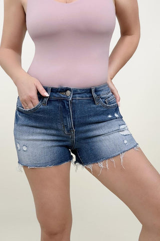 Mid-Rise Raw Hem Distressed Denim Shorts