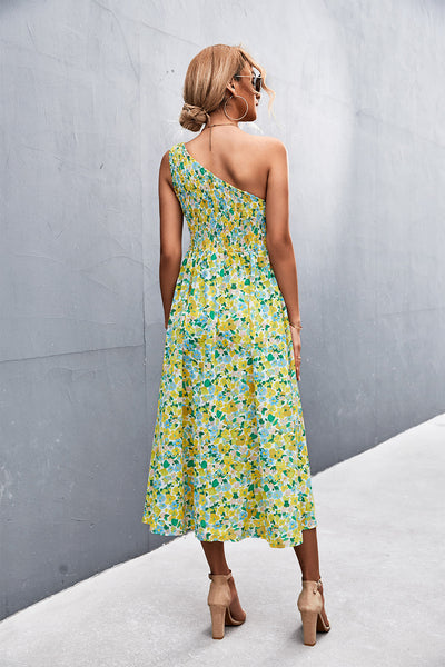 Floral Smocked One-Shoulder Midi Dress