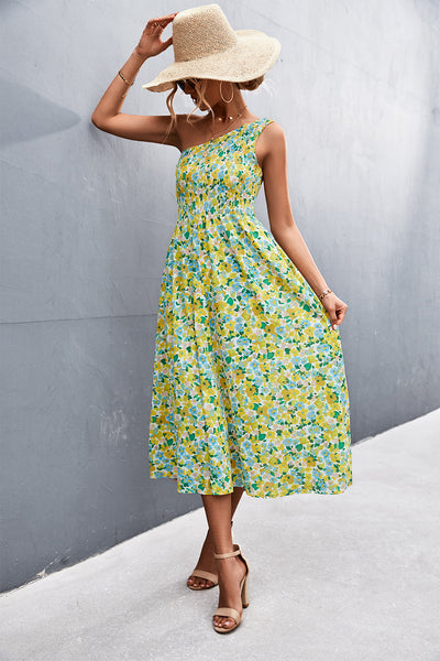 Floral Smocked One-Shoulder Midi Dress