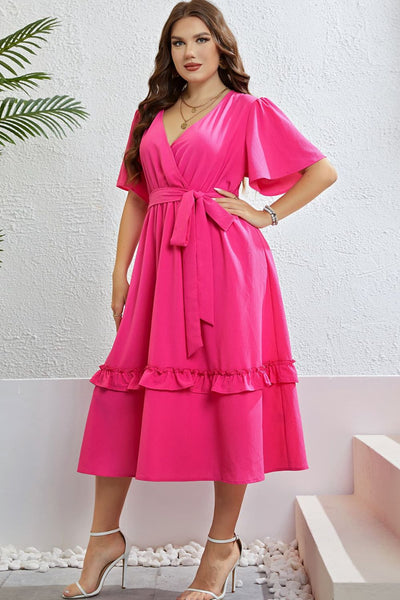 Plus Size Belted Flutter Sleeve Dress