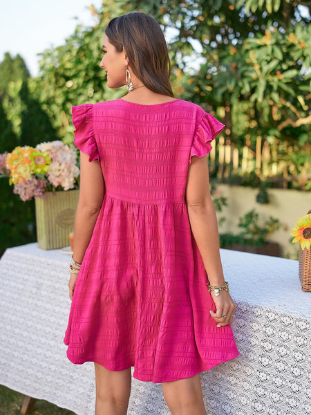 Hot Pink [Textured] Flutter Sleeve Dress