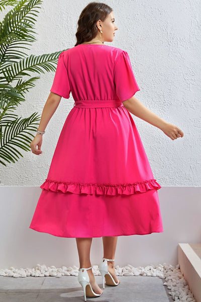 Plus Size Belted Flutter Sleeve Dress