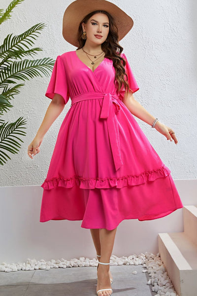 Plus Size Belted Flutter Sleeve Dress