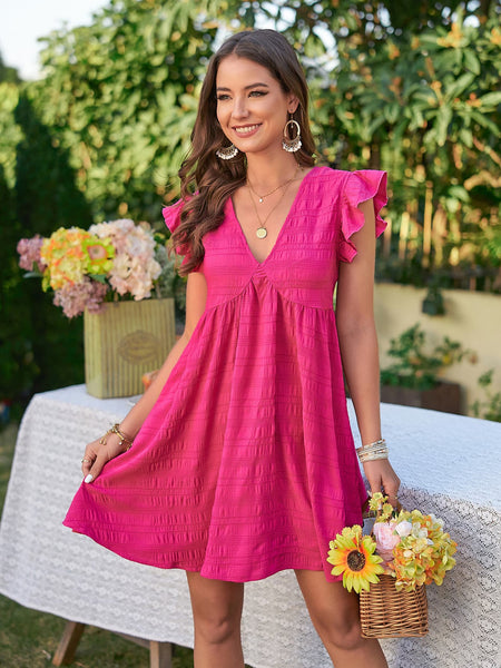 Hot Pink [Textured] Flutter Sleeve Dress