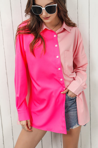 Pink Color Block Button Up Shirt