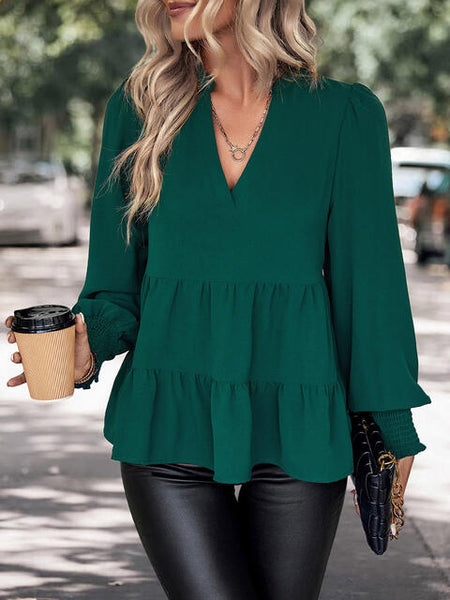 Green V-Neck Lantern Sleeve Blouse