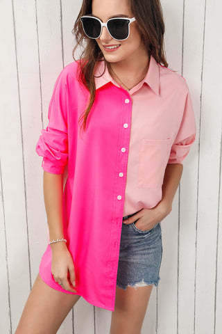 Pink Color Block Button Up Shirt