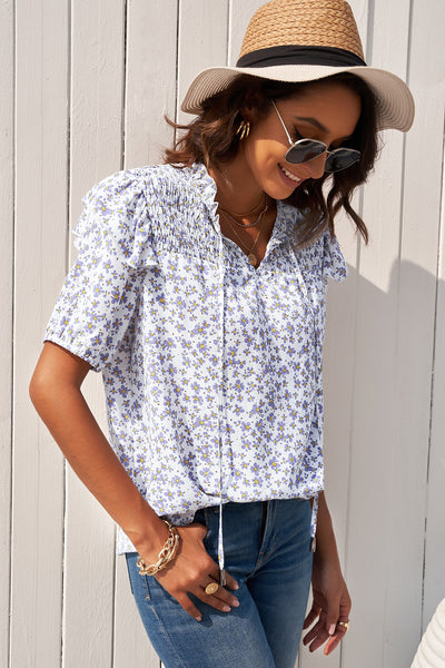 Floral Ruffle Shoulder Tie Neck Top