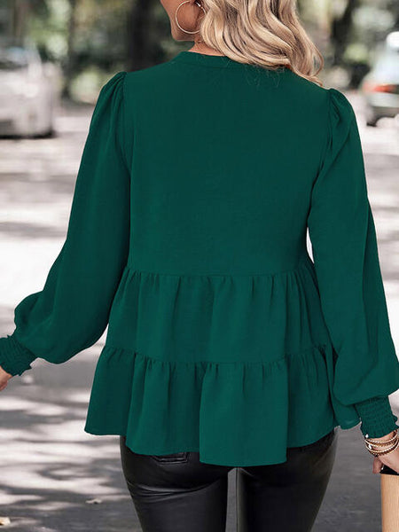 Green V-Neck Lantern Sleeve Blouse