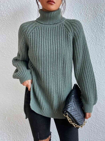 Chunky Turtleneck Slit Sweater [4 Colors]
