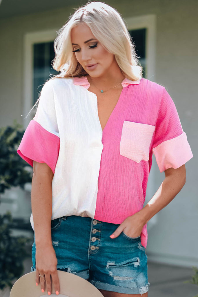 On Wednesdays Color Block Pink Button Down