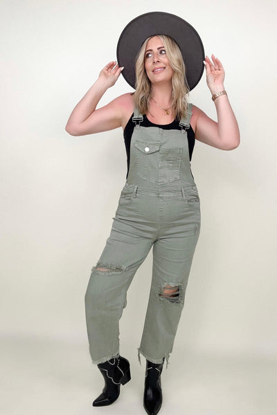 Risen Olive Distressed Straight Leg Overalls